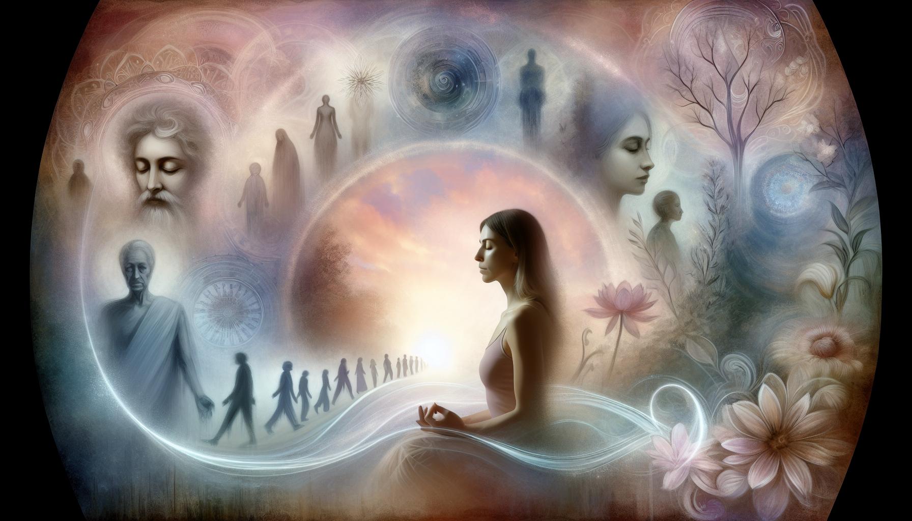 Woman meditating in serene setting, surrounded by symbols of past lives and healing journey.